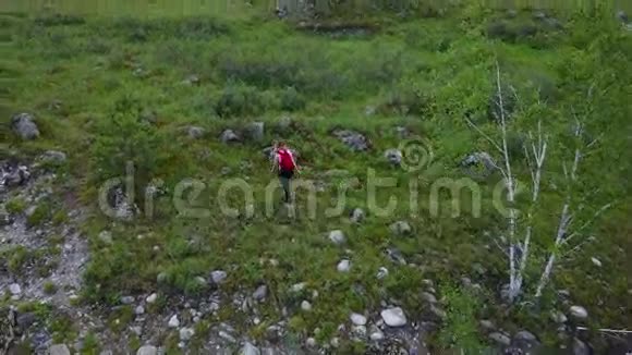 空中飞行女孩旅行者穿过一片草地阿尔泰西伯利亚空中摄影机拍摄视频的预览图