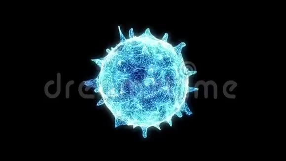 关闭流感病毒在分离的黑色背景上旋转蓝色抽象丛线架冠状病毒科学和医学视频的预览图