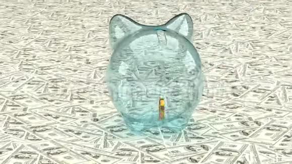在纸币的背景下金色的美元符号落入玻璃储蓄罐3D动动画视频的预览图
