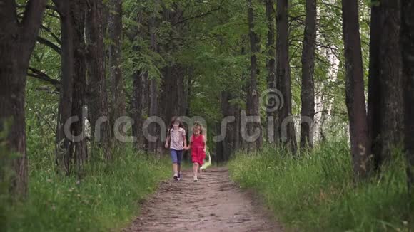两个小女孩沿着绿色的小巷跑过去牵着手朋友们花时间在户外天生的孩子慢慢慢慢视频的预览图