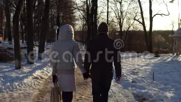 男人和女人在冬季公园散步手握4K稳定射击背面视频的预览图