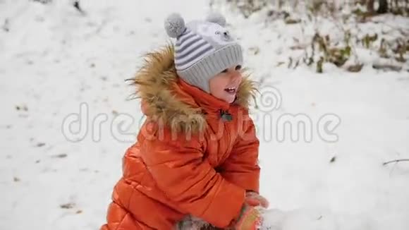 冬天公园里一个孩子在一棵倒下的树上荡秋千视频的预览图