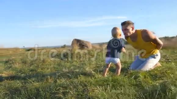 快乐的父子在田野上玩绿草一家人在夏天的草地上年轻的爸爸取笑他的小宝贝视频的预览图