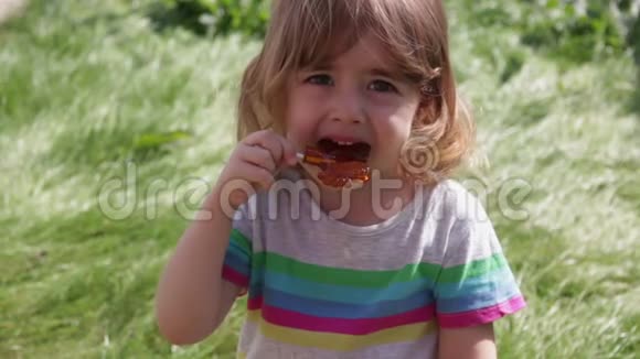 在绿草的映衬下吃着焦糖棒棒糖的小女孩微笑着视频的预览图