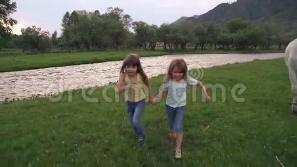 孩子们穿过草地牵着手两个小女孩开心无忧无虑的笑慢动作视频的预览图