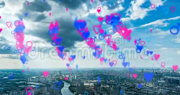心Emoji图标从建筑物飞到天空代表约会应用程序以数码为特色的社交网络视频的预览图