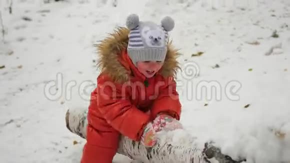 冬天公园里一个孩子在一棵倒下的树上荡秋千视频的预览图