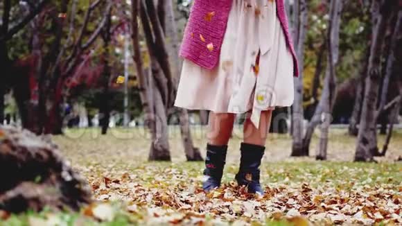 穿着米色连衣裙的女人在秋天的公园里扔树叶在慢动作中玩得很开心她的腿3840x2160视频的预览图