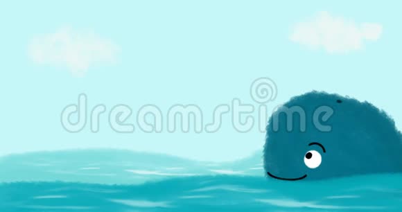 阳光明媚的一天可爱的小鲸在海洋中的卡通动画视频的预览图