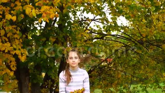 少女在慢动作中扔树叶视频的预览图