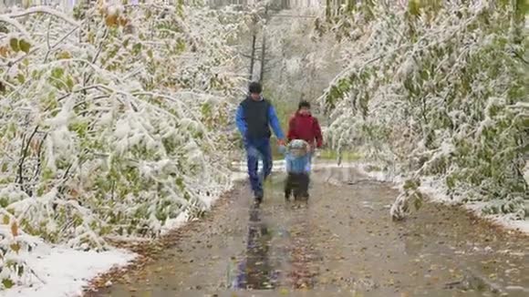 一家人在秋天公园的雪巷里散步视频的预览图