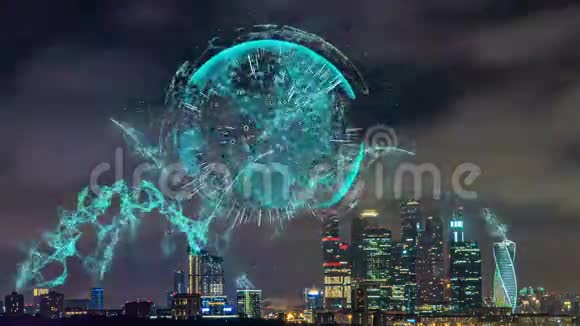 智慧城市和通信网络理念夜晚的城市时光流逝与未来的电信元素视频的预览图