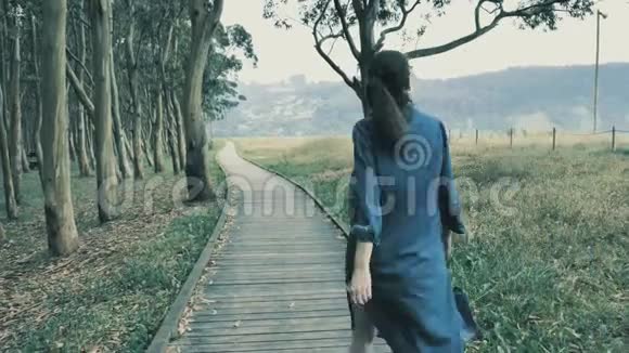 在美丽的自然树林里走在天然的木制讲台上绿色的山丘上视频的预览图