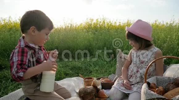 野餐的孩子有食物的男孩和女孩新鲜空气中快乐的孩子男孩把牛奶倒进女孩的杯子里面包视频的预览图