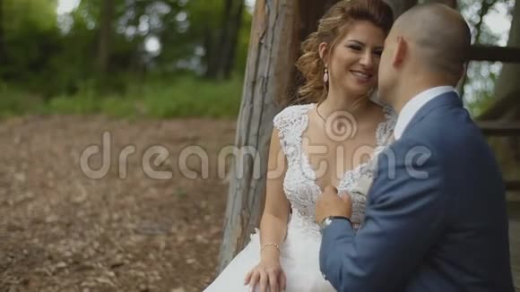 欢乐的婚礼人们在森林的凉亭里感到快乐视频的预览图