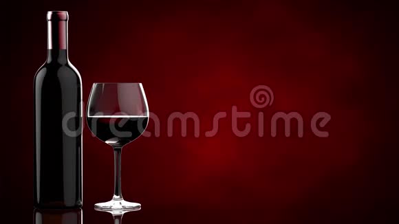 带有红色背景红酒的瓶子和玻璃杯4k录像视频的预览图