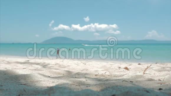 热带海滩近景瀑布从棕榈树椰子在炎热的夏季太阳下分为两部分视频的预览图