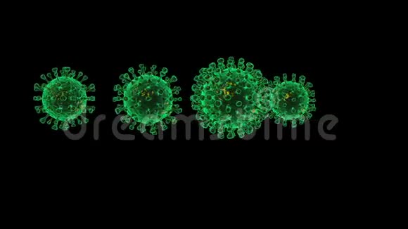 绿色荧光电晕病毒Covid19无缝循环三维动画旋转与黑色背景视频的预览图