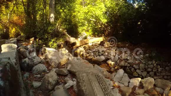 手指着废墟和森林中的一条小运河两千年前的城市奥林波斯莱西亚莱西亚小径视频的预览图