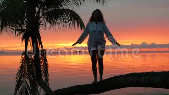 一个女孩站在海滩上红日落的背景下的棕榈树上视频的预览图
