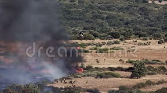 向消防队员附近的野地投掷水的直升机视频的预览图