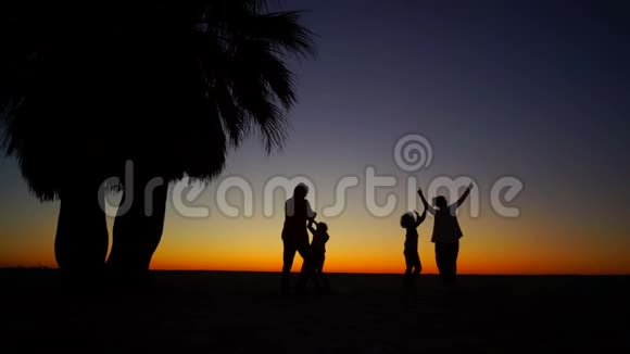美丽的热带日落一家四口在棕榈树下的海滩上跳舞视频的预览图