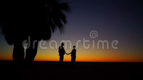 可爱的一对在海边日落背景下海滩上的家人孩子们跑向父母视频的预览图