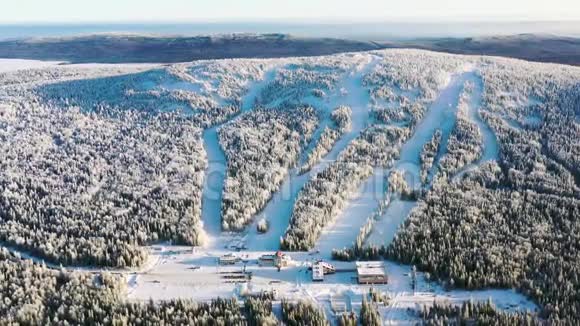 在阳光明媚的一天滑雪胜地的空中雪林中有圆形录像雪山冬季景观视频的预览图