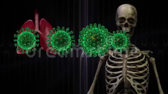 绿色荧光电晕病毒Covid19无缝循环三维动画与骨架旋转与肺插图视频的预览图