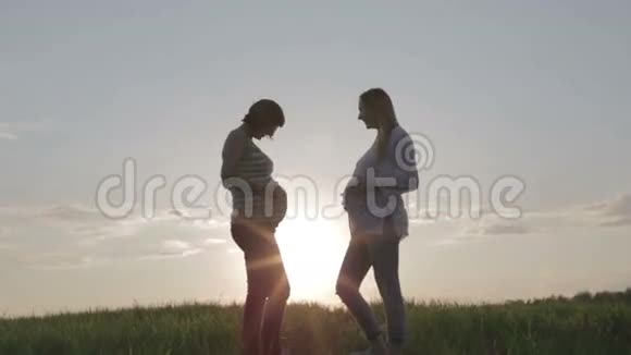 两个孕妇在日落时在户外聊天视频的预览图