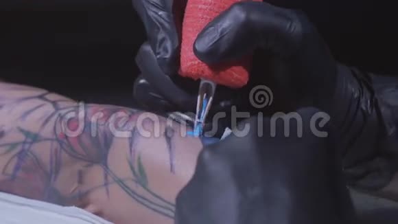 专业的纹身艺术家在一个年轻女孩的手上做一个纹身慢动作纹身师在工作室做纹身视频的预览图
