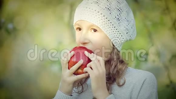 公园里吃红苹果的小女孩的肖像视频的预览图