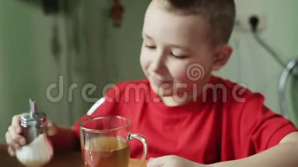 穿红色衬衫的小男孩正通过勺子在茶杯中混合一颗糖视频的预览图
