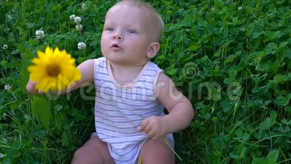 漂亮的孩子手里拿着一朵花坐着视频的预览图