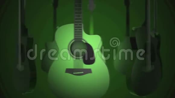飞行吉他经典民间吟游诗人摇滚乐器绿色背景上的现实三维动画吉他视频的预览图