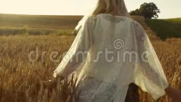 一个无忧无虑可爱的女孩走过金色的麦田太阳下山了很漂亮的颜色平静快乐视频的预览图