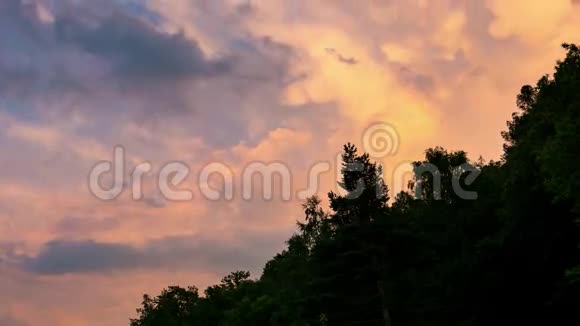 绿色的林地与彩色移动的云在阿尔卑斯山夏季都灵省意大利从阳光中消失的时间视频的预览图
