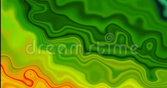 三维动画摘要绿色和金色液体波浪背景彩色金属纹理全息箔波浪壁纸视频的预览图