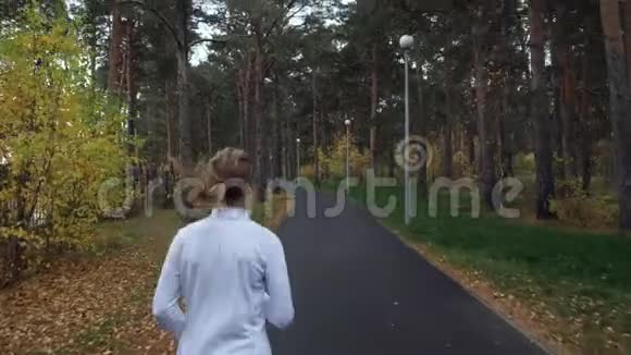 年轻的运动女子在秋天公园跑步视频的预览图