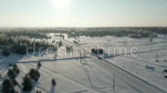 鸟瞰冬林雪树枝中看冬林冬季景观森林树木覆盖视频的预览图