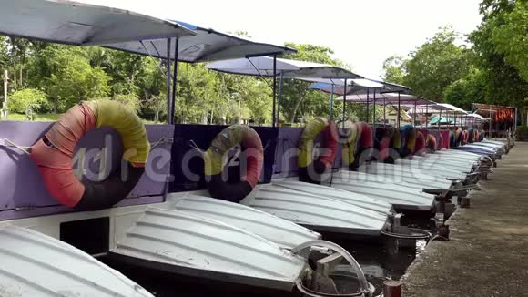 五颜六色的脚踏船停在长长的队伍里视频的预览图