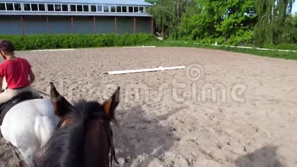 夏天户外骑童骑骑师骑着纯种的美丽的白种马马在训练沙场视频的预览图