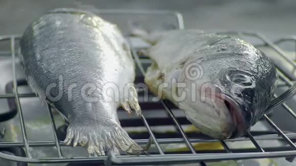 用手叉在户外电动烤架上旋转鱼视频的预览图