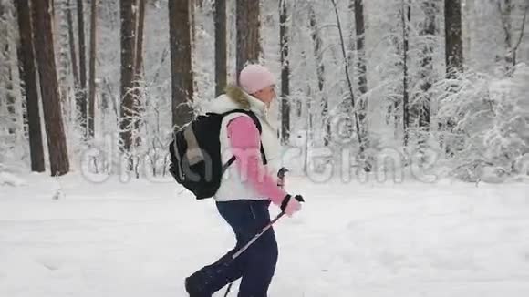 冬木中的女子养老金领取者工作斯堪的纳维亚人步行斯堪的纳维亚人的步行对视频的预览图