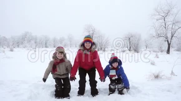 三个孩子在冬天的风景上跳跃慢动作视频的预览图