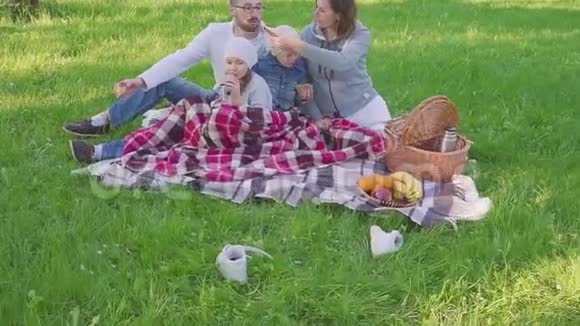 在公园野餐时一家人坐在草地上都吃早餐有一个带餐的篮子新鲜视频的预览图