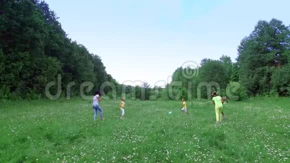 孩子们和他们的母亲一起在靠近森林的洋甘菊草地上玩球他们玩得很开心视频的预览图