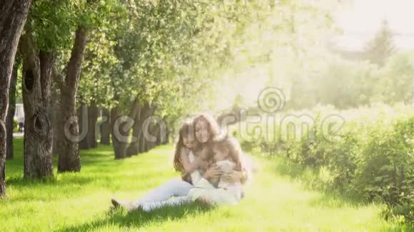 妈妈和两个女儿坐在苹果树附近的草地上日落时公园里的孩子和母亲投标书视频的预览图