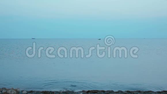 傍晚一只海鸥在平静的海面上飞翔船靠近海岸视频的预览图