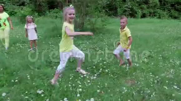 孩子们和他们的母亲一起在靠近森林的洋甘菊草地上玩球他们玩得很开心视频的预览图